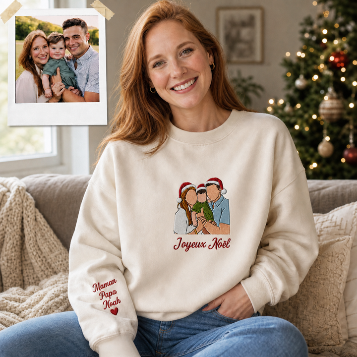 Sweat-shirt Brodé Personnalisé avec Photo de Famille et Bonnets de Noël
