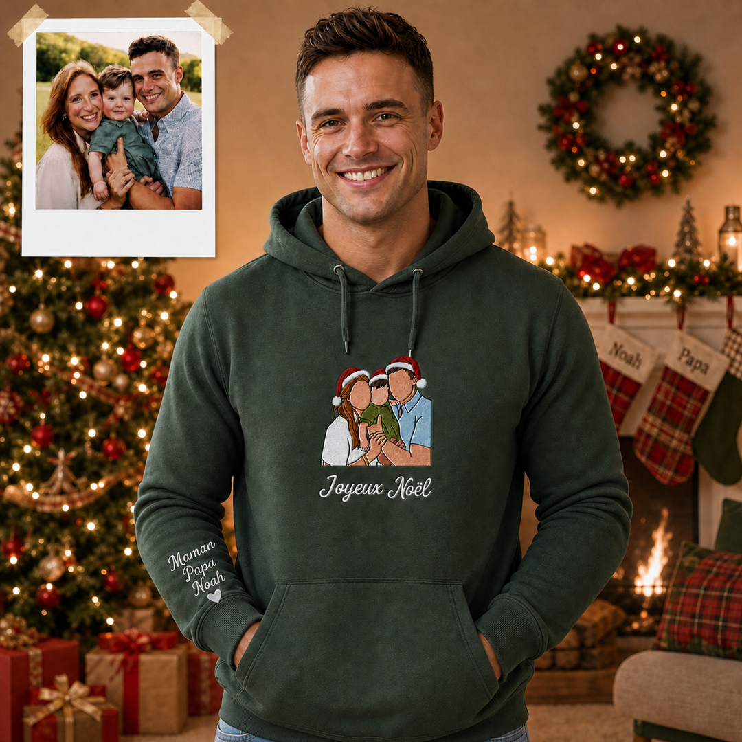 Sweat-shirt Brodé Personnalisé avec Photo de Famille et Bonnets de Noël