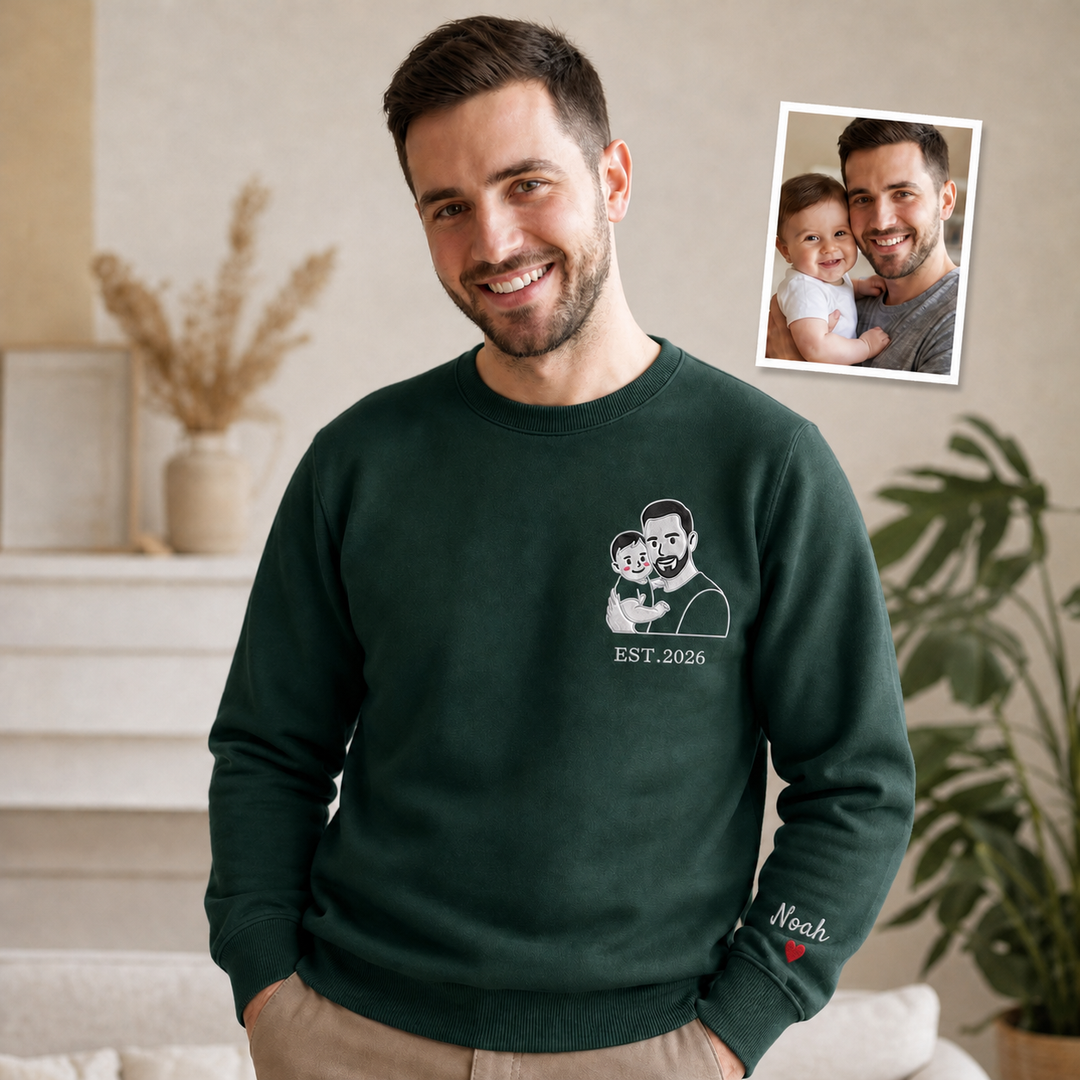 Sweat-shirt Brodé Photo de Famille Style Dessin Animé avec Prénom sur la Manche - Cadeau Papa & Famille