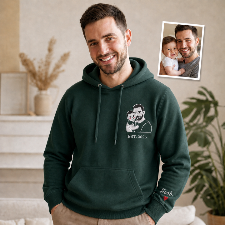 Sweat-shirt Brodé Photo de Famille Style Dessin Animé avec Prénom sur la Manche - Cadeau Papa & Famille