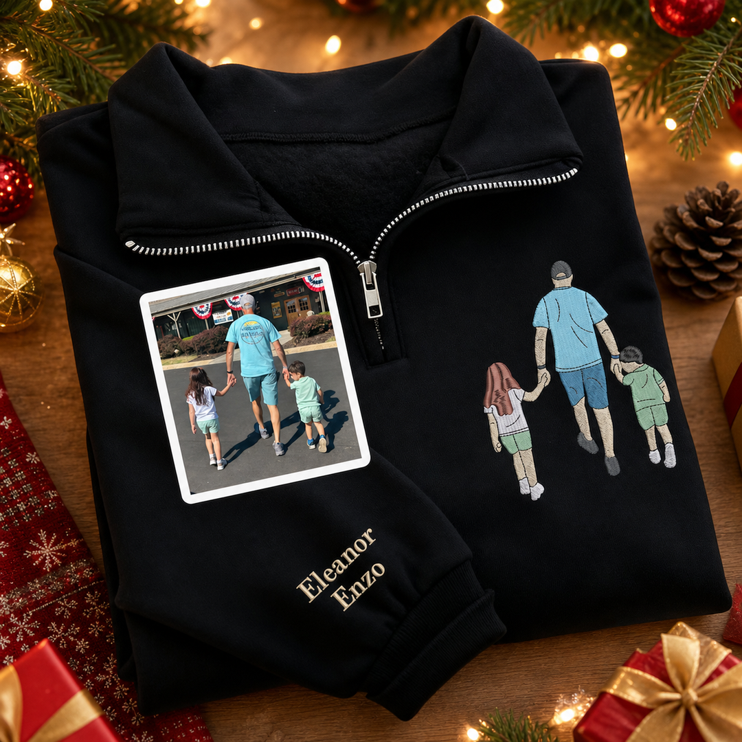 Sweat-shirt à Quart de Zip Brodé avec Portrait Photo Personnalisé, Cadeau pour Maman, Papa et la Famille