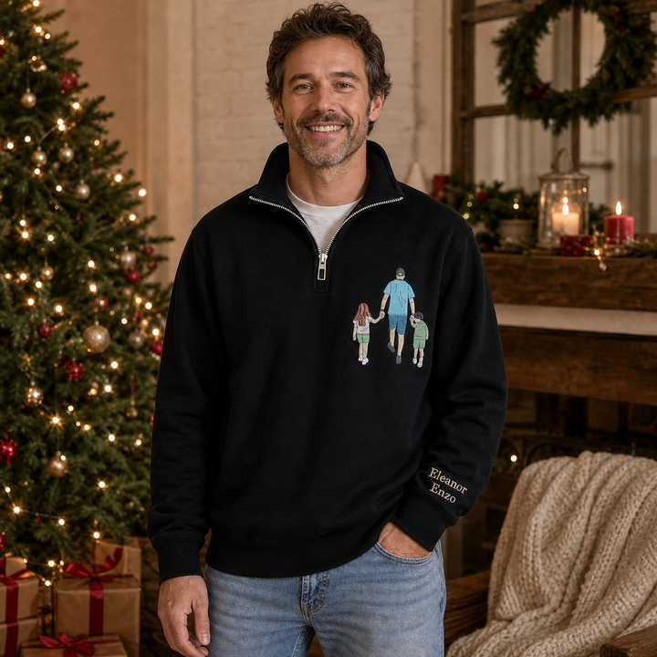 Sweat-shirt à Quart de Zip Brodé avec Portrait Photo Personnalisé, Cadeau pour Maman, Papa et la Famille