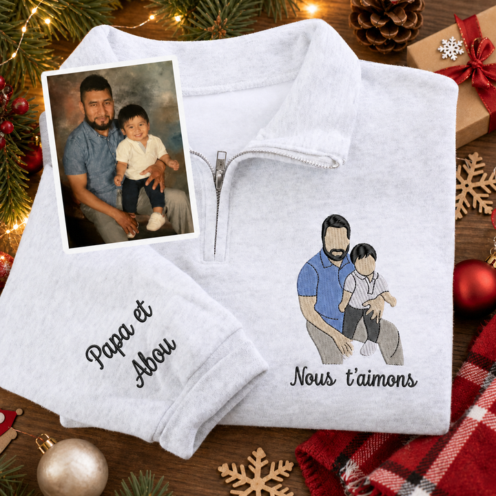 Sweat-shirt à Quart de Zip Brodé avec Portrait Photo Personnalisé, Cadeau pour Maman, Papa et la Famille