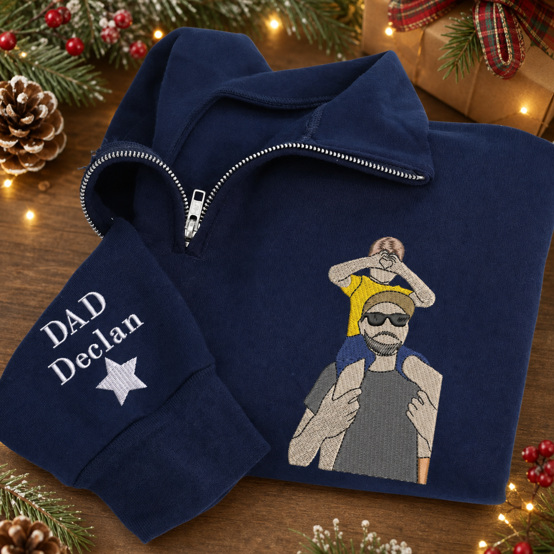 Sweat-shirt à Quart de Zip Brodé avec Portrait Photo Personnalisé, Cadeau pour Maman, Papa et la Famille
