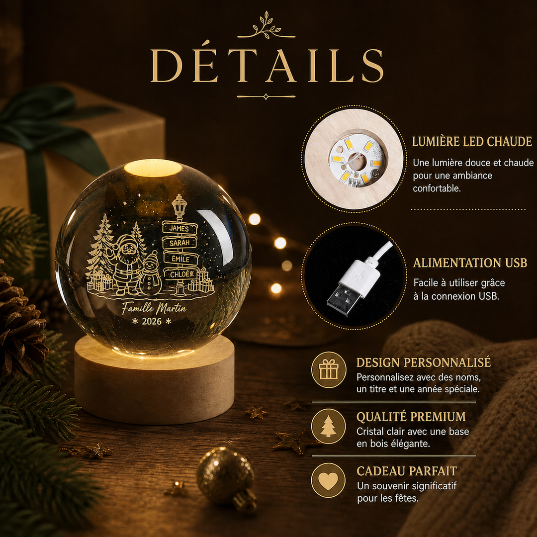 Veilleuse boule de cristal de Noël personnalisée avec les prénoms de la famille – Cadeau de Noël