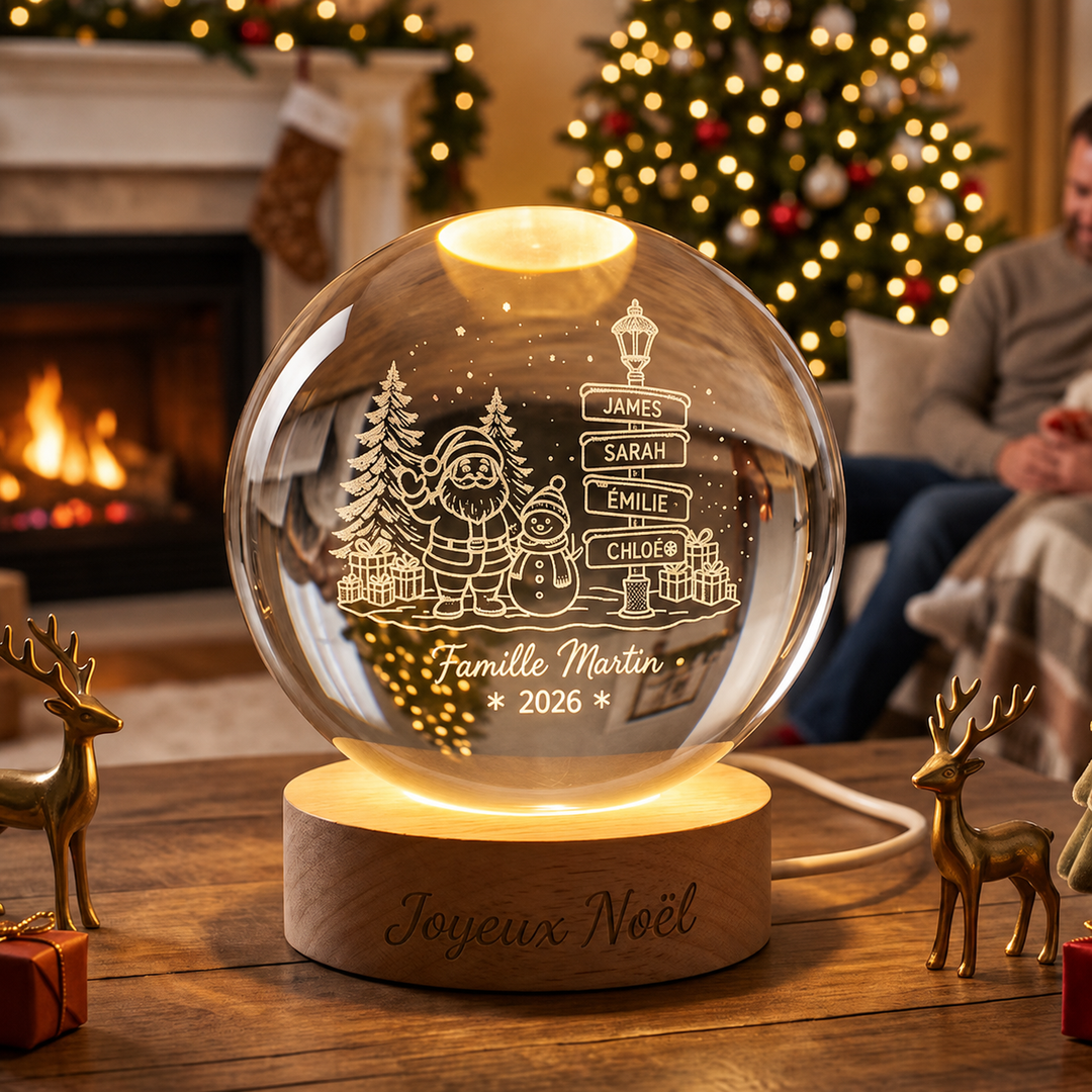 Veilleuse boule de cristal de Noël personnalisée avec les prénoms de la famille – Cadeau de Noël