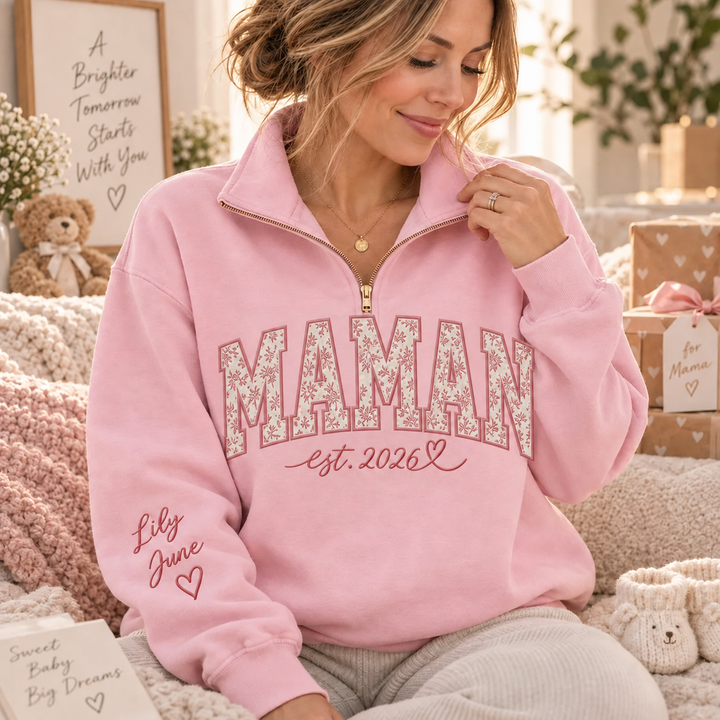 Sweat-shirt à Quart de Zip Brodé MAMAN avec Appliqué et Année EST, Cadeau Personnalisé Famille