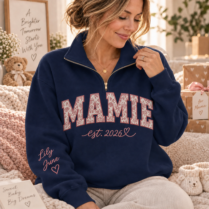 Sweat-shirt à Quart de Zip Brodé MAMAN avec Appliqué et Année EST, Cadeau Personnalisé Famille
