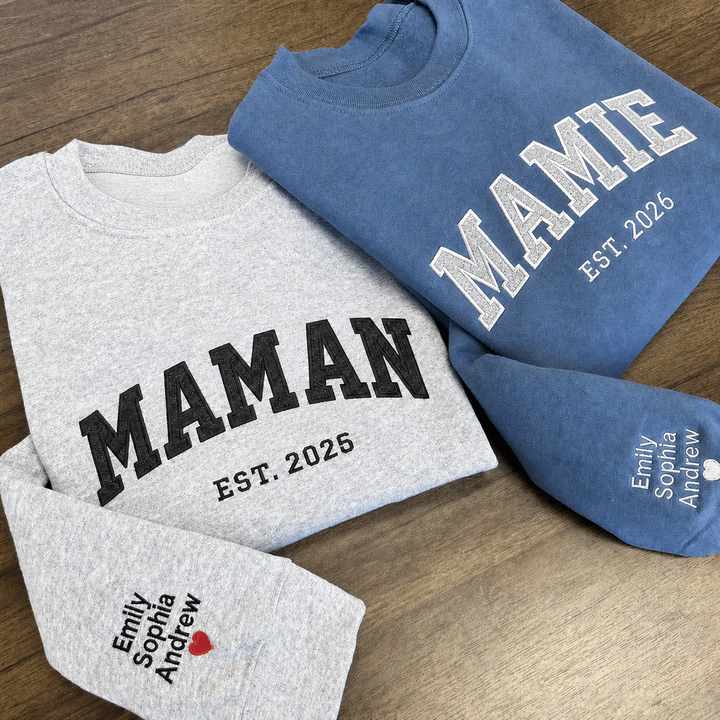 Sweat-shirt personnalisé brodé de paillettes avec les noms des enfants pour maman ou mamie