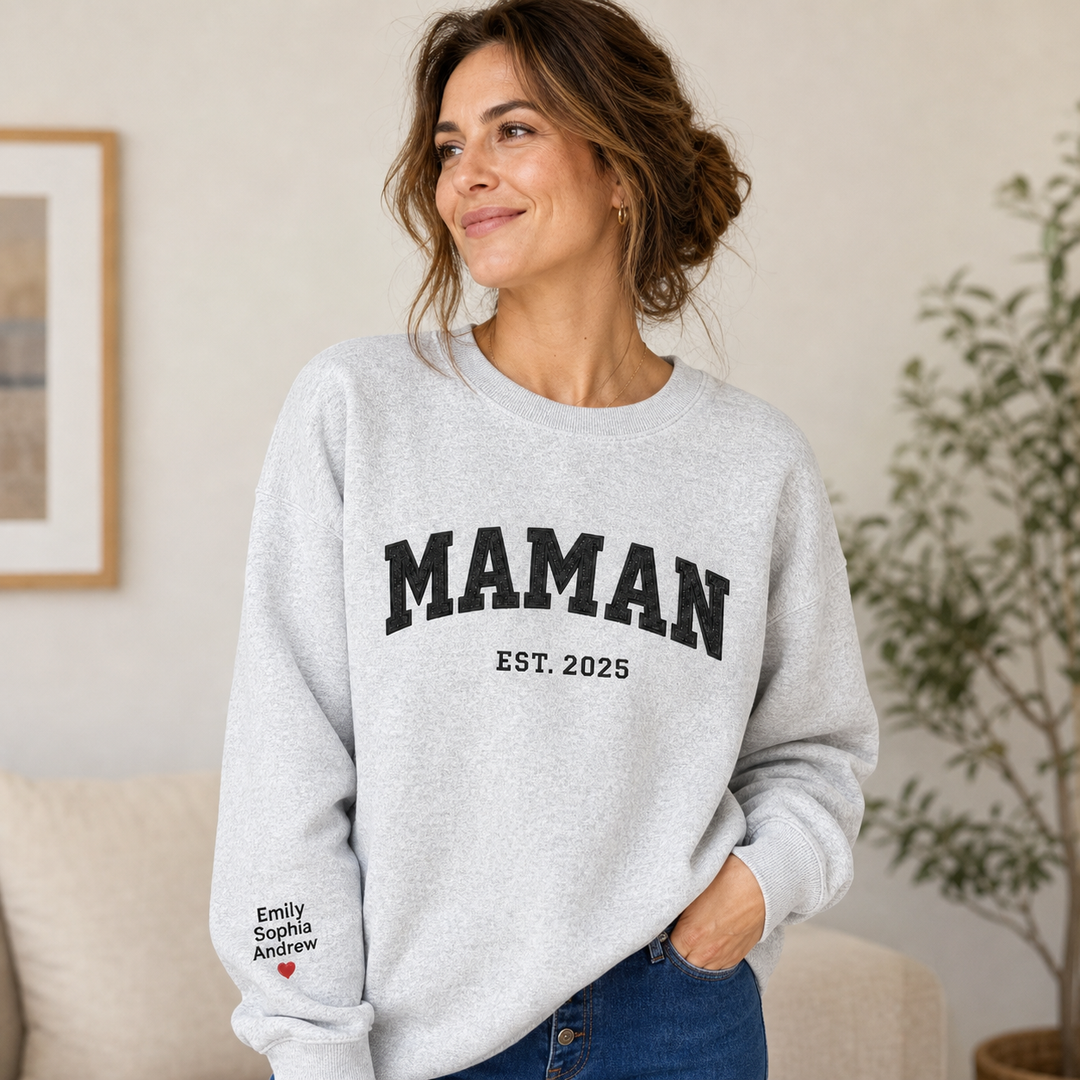 Sweat-shirt personnalisé brodé de paillettes avec les noms des enfants pour maman ou mamie
