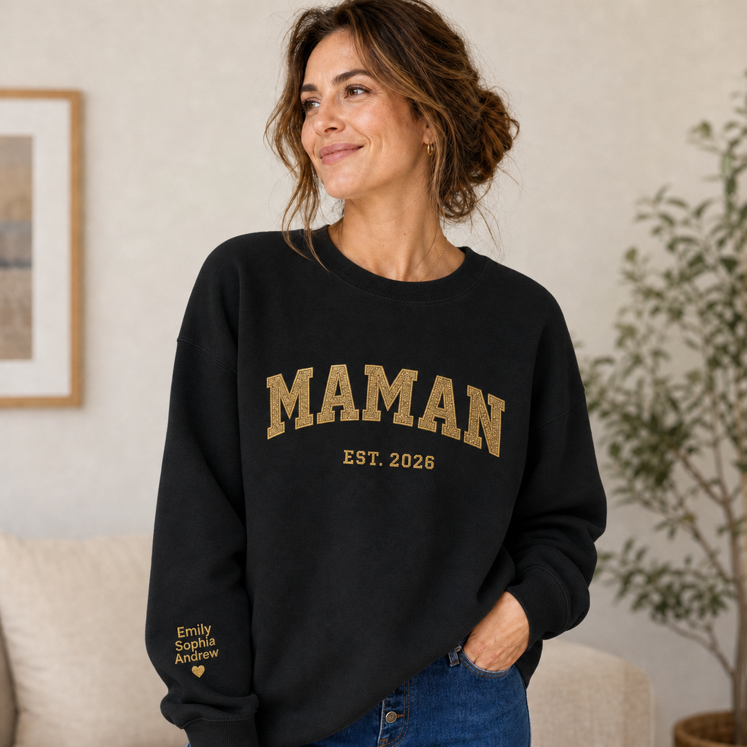 Sweat-shirt personnalisé brodé de paillettes avec les noms des enfants pour maman ou mamie