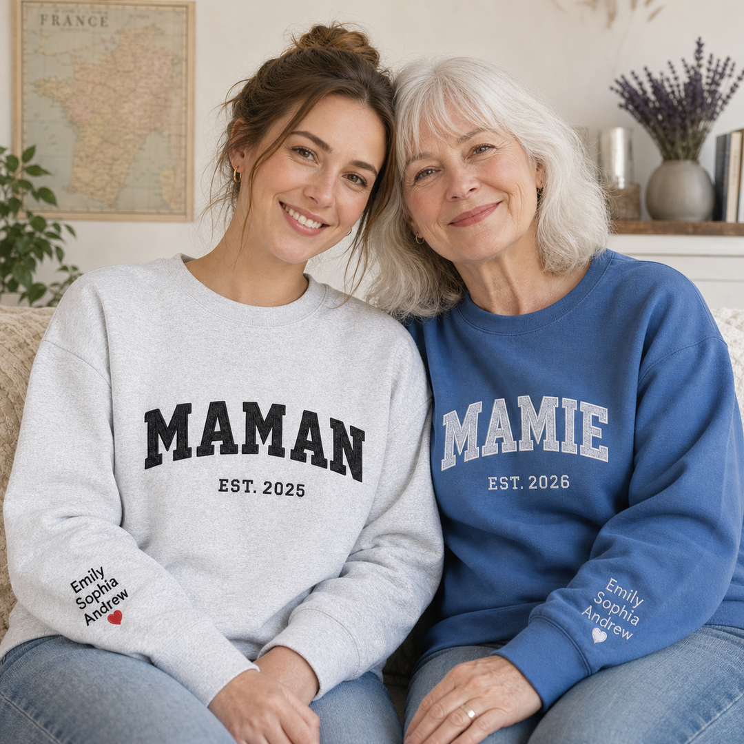 Sweat-shirt personnalisé brodé de paillettes avec les noms des enfants pour maman ou mamie
