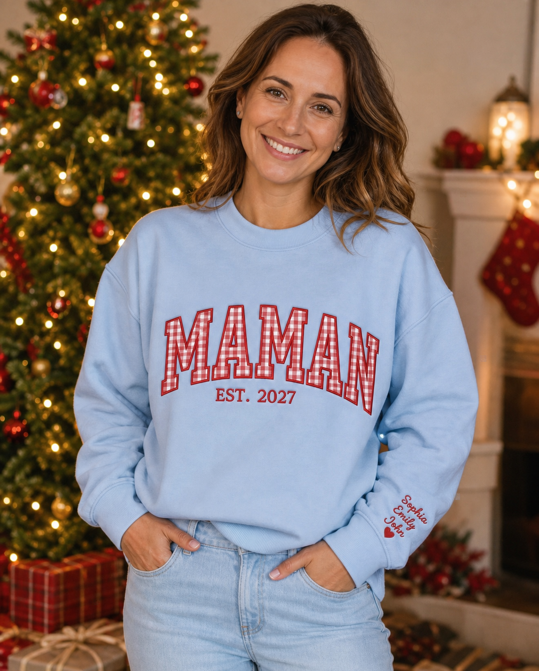 Sweat-shirt de Noël avec motif appliqué brodé et prénoms des enfants sur les manches