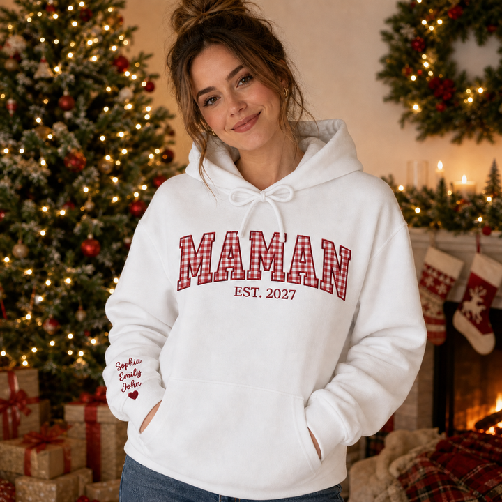 Sweat-shirt de Noël avec motif appliqué brodé et prénoms des enfants sur les manches