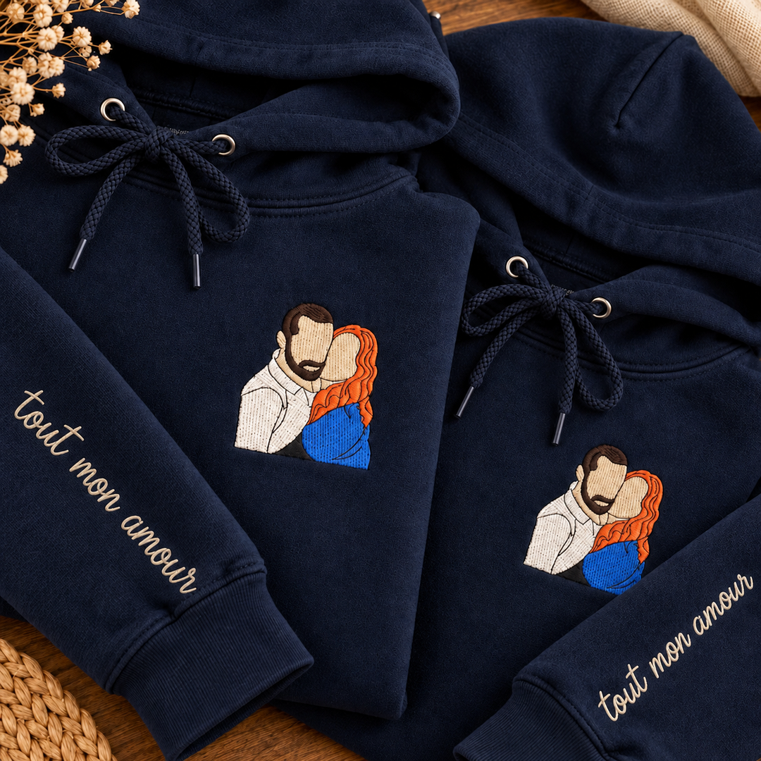 Sweat-shirts personnalisés avec portrait de couple brodé en contour ou en couleur — un cadeau d'anniversaire ou de Noël