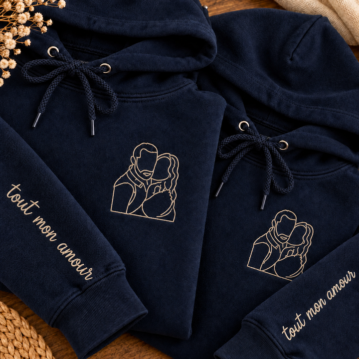 Sweat-shirts personnalisés avec portrait de couple brodé en contour ou en couleur — un cadeau d'anniversaire ou de Noël