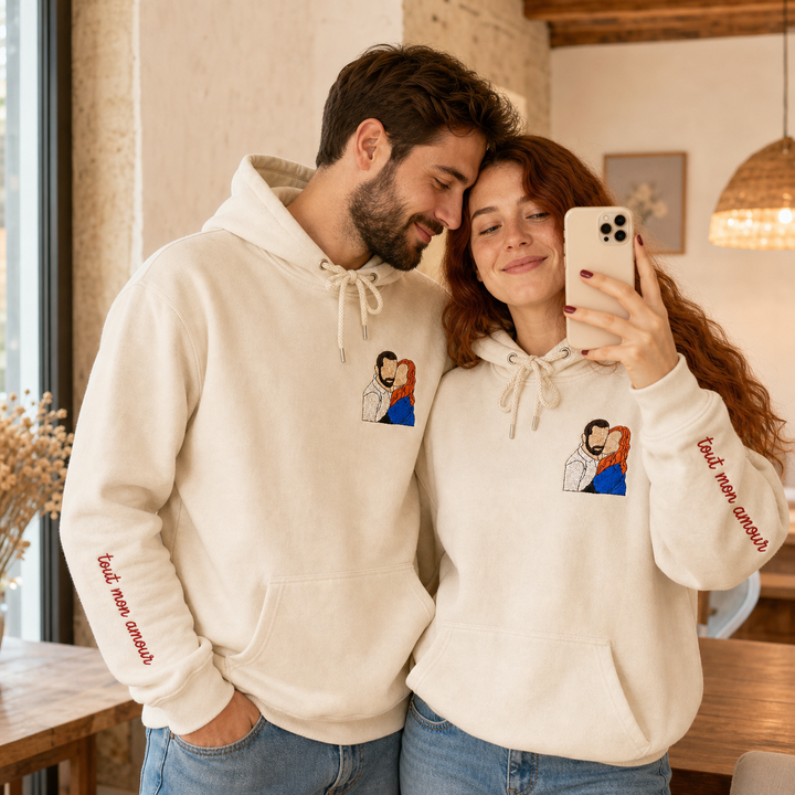 Sweat-shirts personnalisés avec portrait de couple brodé en contour ou en couleur — un cadeau d'anniversaire ou de Noël