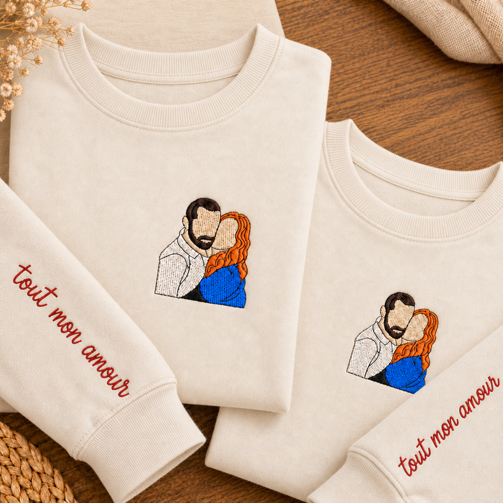 Sweat-shirts personnalisés avec portrait de couple brodé en contour ou en couleur — un cadeau d'anniversaire ou de Noël