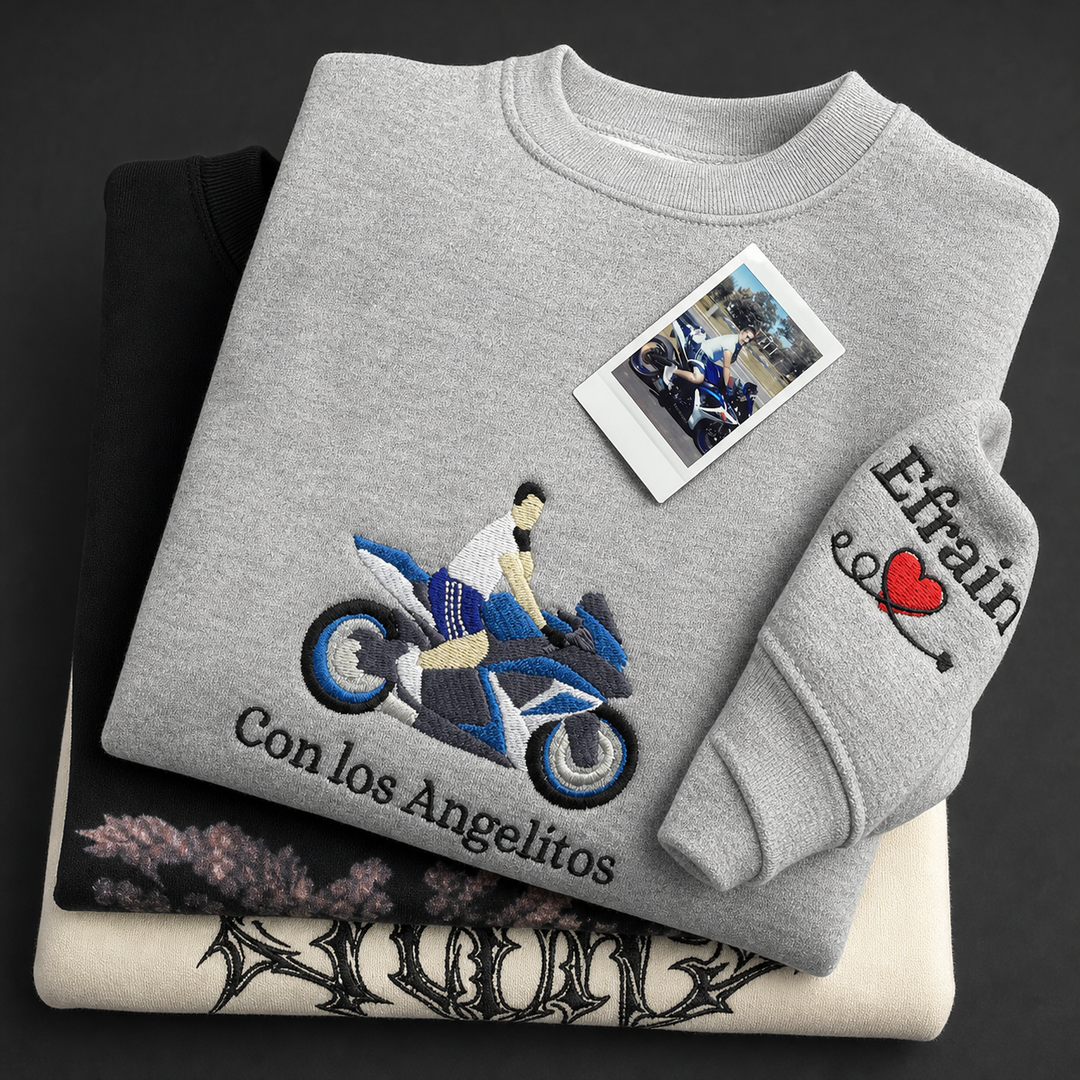 Sweat-shirt personnalisé avec broderie de moto d'après photo, cadeau pour lui/elle
