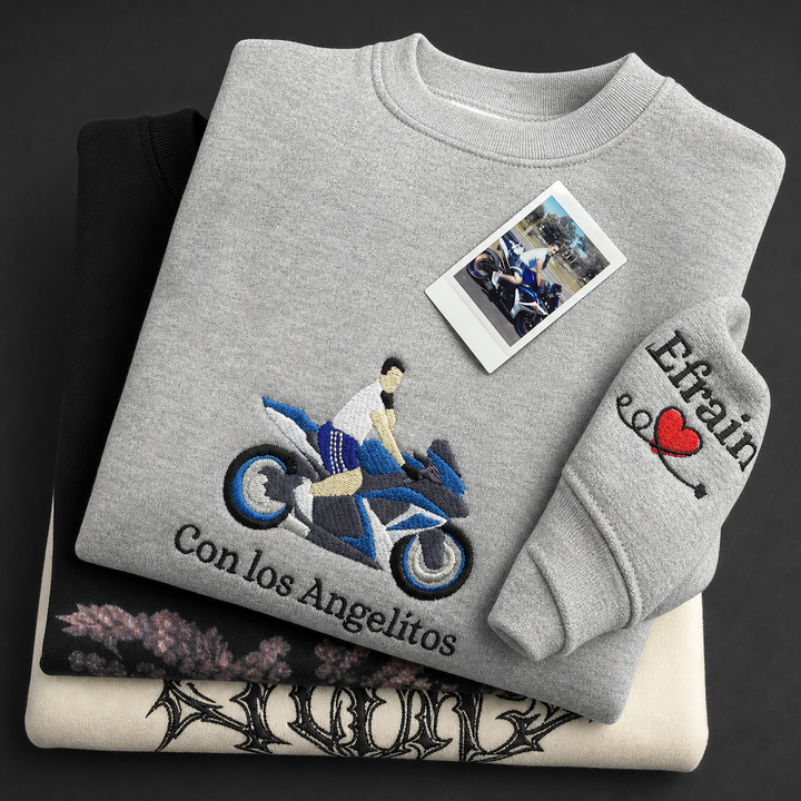 Sweat-shirt personnalisé avec broderie de moto d'après photo, cadeau pour lui/elle
