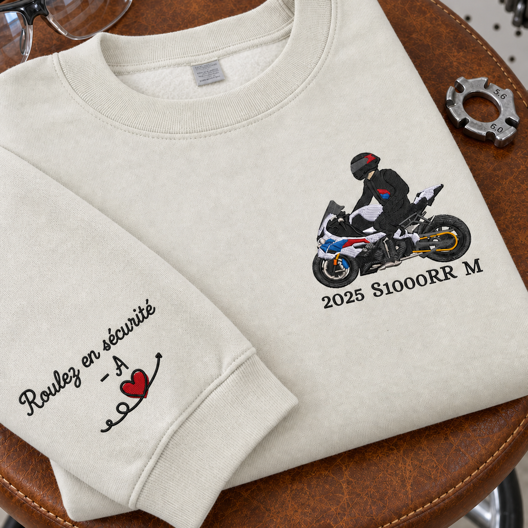 Sweat-shirt personnalisé avec broderie de moto d'après photo, cadeau pour lui/elle