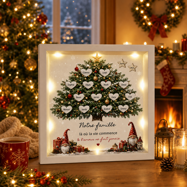 Cadre Boîte Lumineuse LED Personnalisée - Arbre Généalogique de Noël avec Prénoms