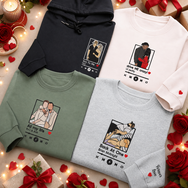 Sweat-shirt brodé avec portrait personnalisé et musique pour couple – Cadeau d'anniversaire ou de Noël