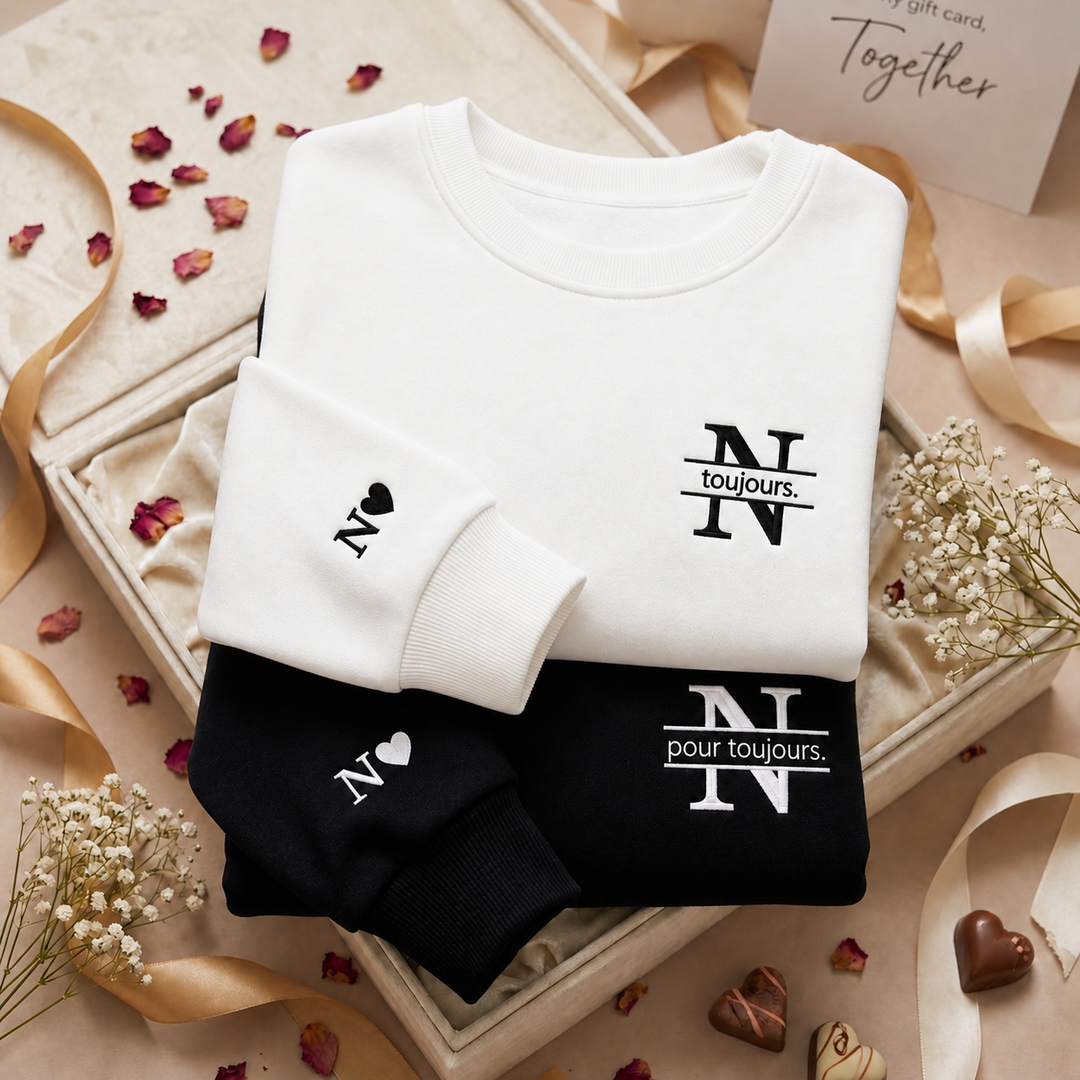 Sweat-shirts de Couple Personnalisés avec Initiales & Mots Doux | "Toujours & Pour Toujours" – Cadeau Romantique Saint-Valentin & Anniversaire
