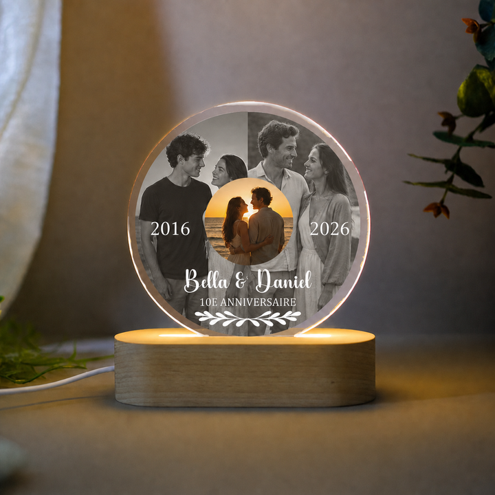 Lampe LED personnalisée avec photos d’hier et d’aujourd’hui, cadeau souvenir personnalisé pour couple