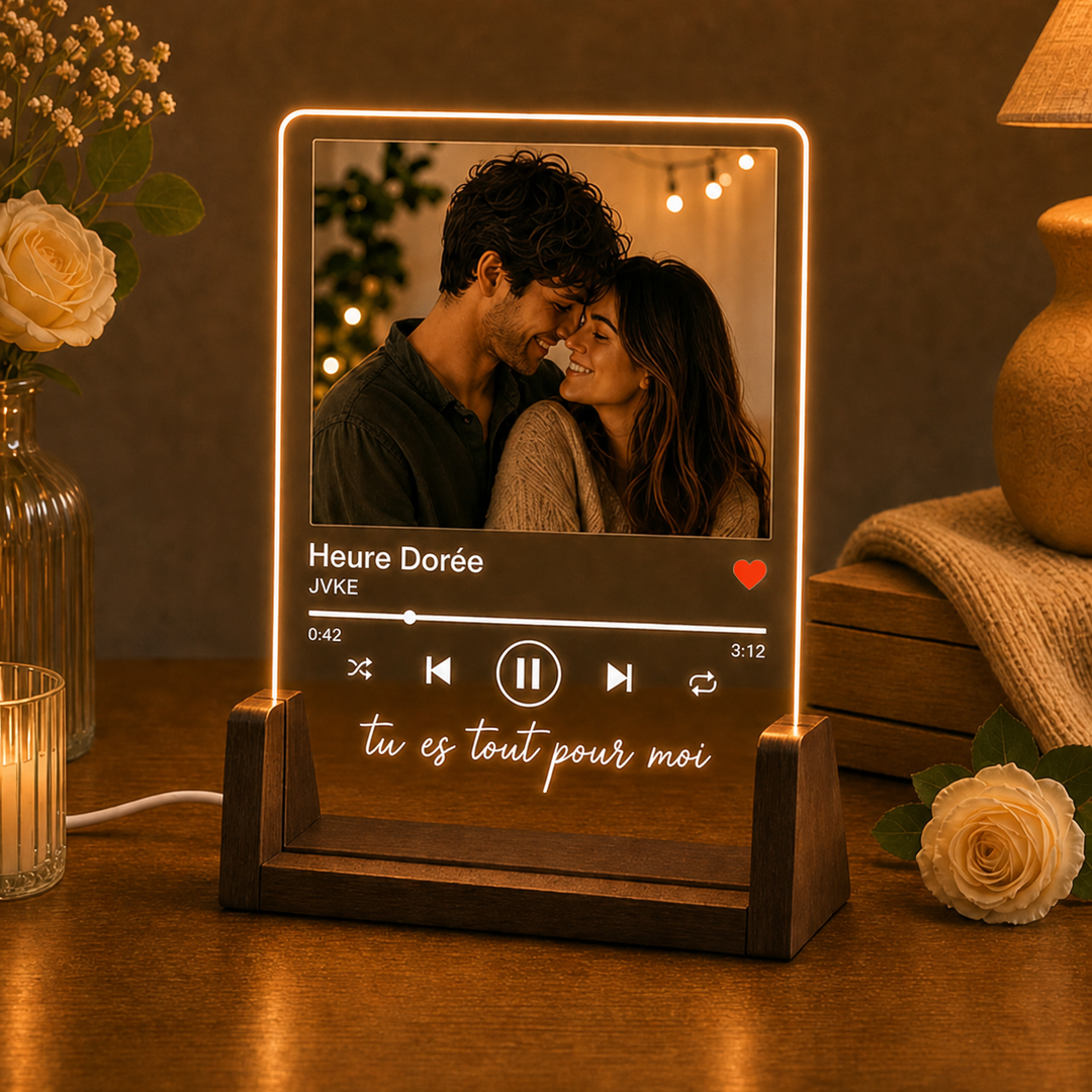 Plaque musicale personnalisée en acrylique avec LED et photo, pour couple
