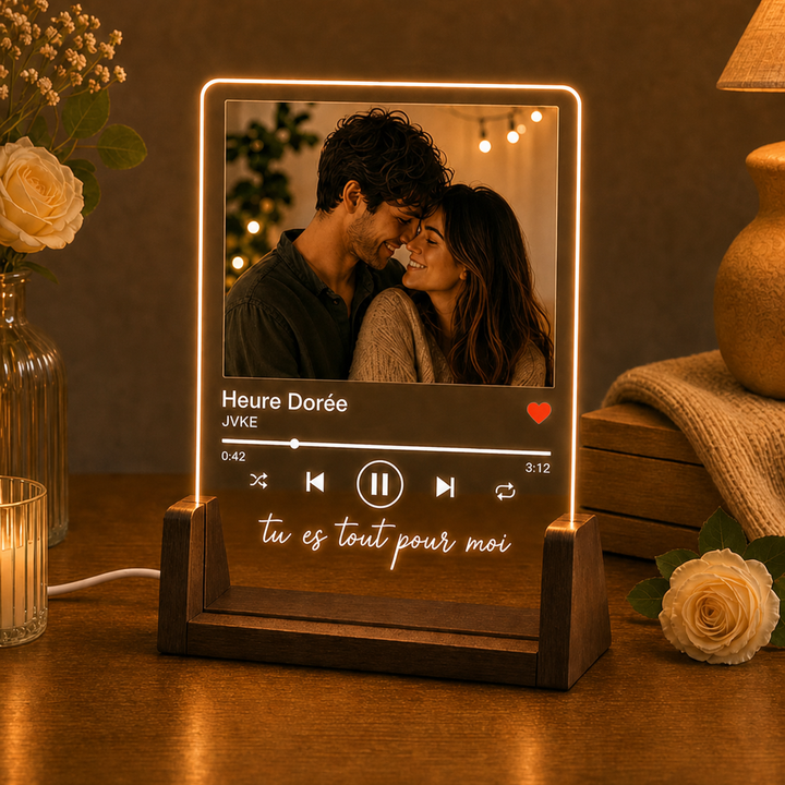 Plaque musicale personnalisée en acrylique avec LED et photo, pour couple
