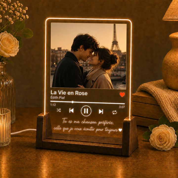 Plaque musicale personnalisée en acrylique avec LED et photo, pour couple