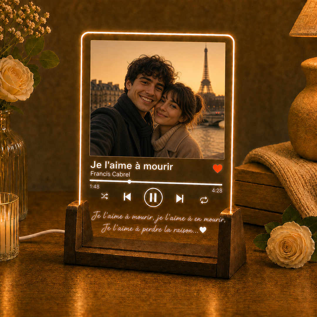 Plaque musicale personnalisée en acrylique avec LED et photo, pour couple
