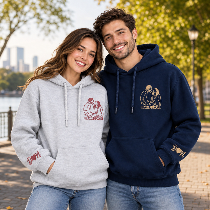 Sweat-shirt/T-shirt à chiffres romains avec contour brodé du portrait,un cadeau parfait pour les couples