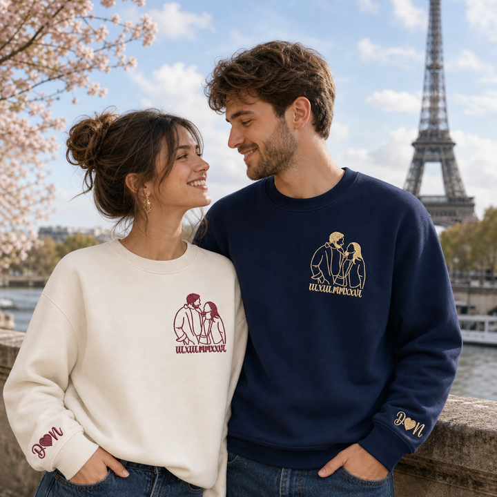 Sweat-shirt/T-shirt à chiffres romains avec contour brodé du portrait,un cadeau parfait pour les couples