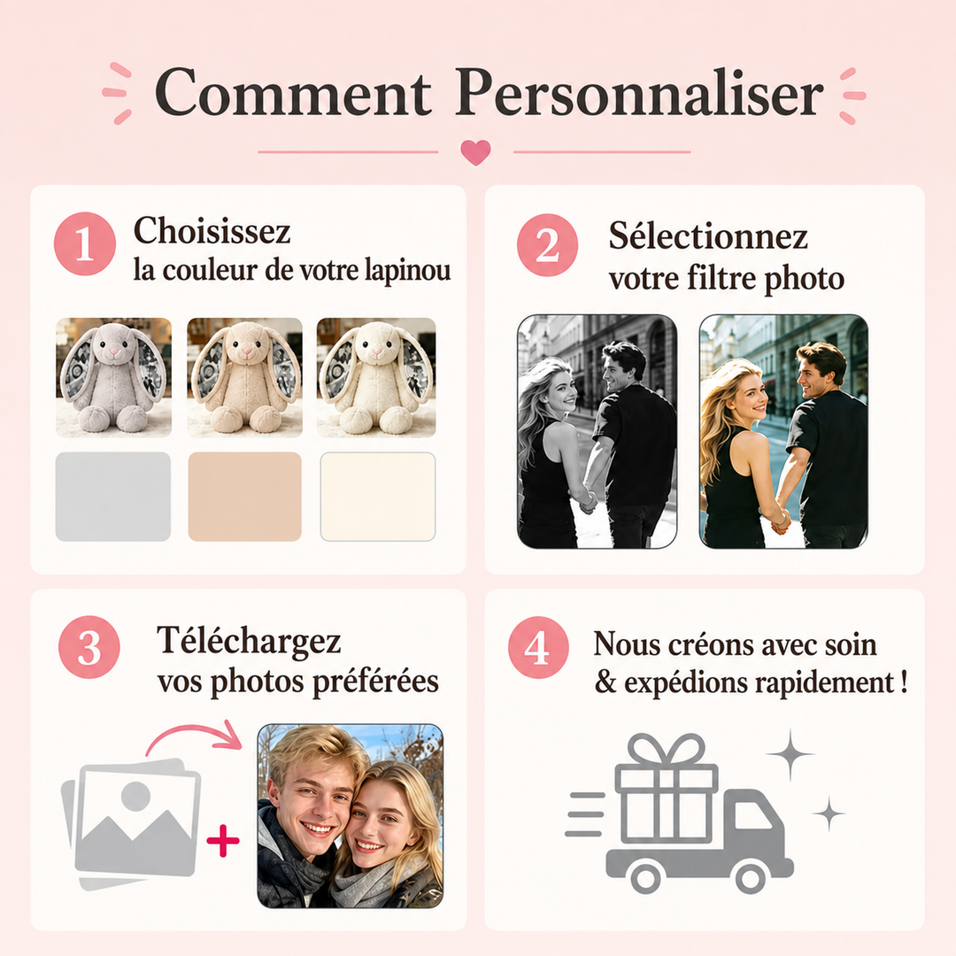 Doudou lapin personnalisé avec photo, cadeau pour les couples pour les anniversaires et Noël