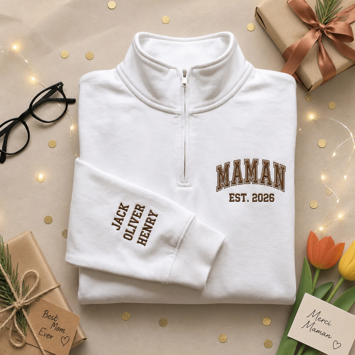 Sweat-shirt quarter-zip brodé MAMAN ou PAPA，Cadeau personnalisé pour la famille