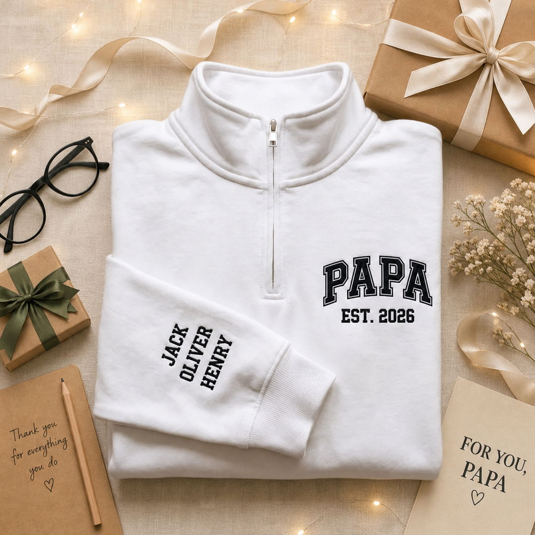 Sweat-shirt quarter-zip brodé MAMAN ou PAPA，Cadeau personnalisé pour la famille