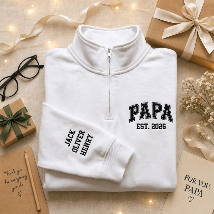 Sweat-shirt quarter-zip brodé MAMAN ou PAPA，Cadeau personnalisé pour la famille