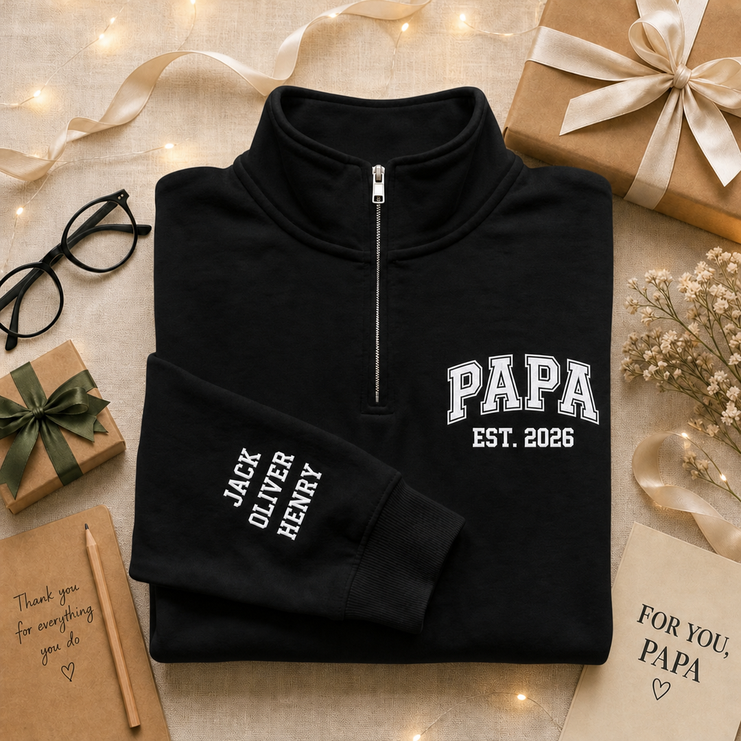 Sweat-shirt quarter-zip brodé MAMAN ou PAPA，Cadeau personnalisé pour la famille