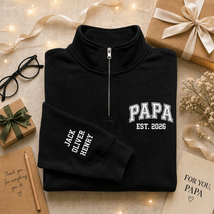 Sweat-shirt quarter-zip brodé MAMAN ou PAPA，Cadeau personnalisé pour la famille