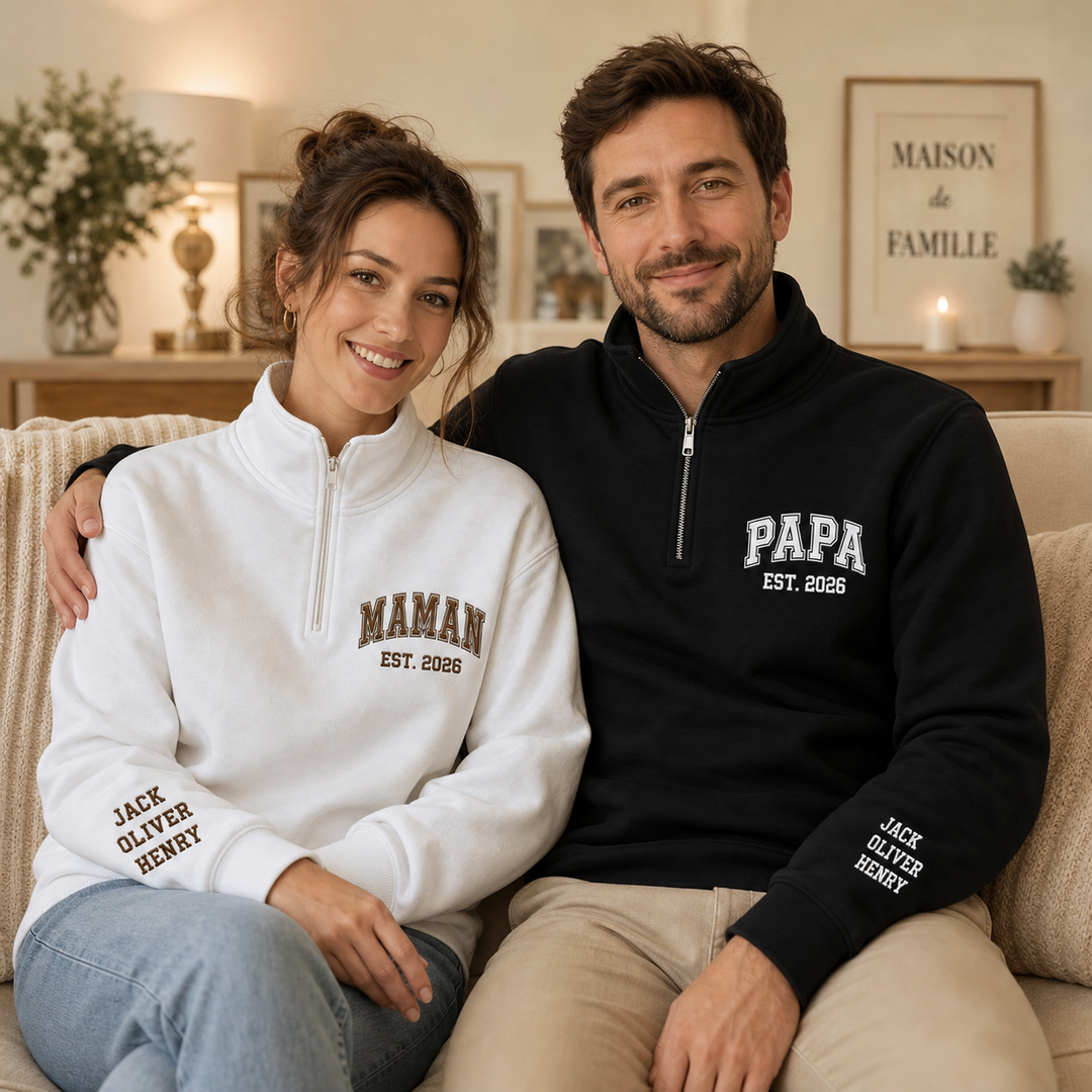 Sweat-shirt quarter-zip brodé MAMAN ou PAPA，Cadeau personnalisé pour la famille