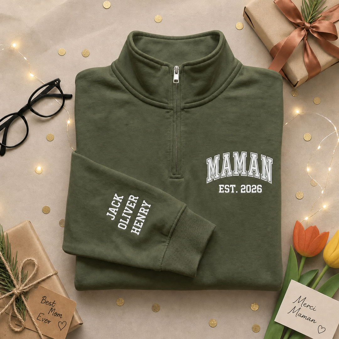 Sweat-shirt quarter-zip brodé MAMAN ou PAPA，Cadeau personnalisé pour la famille