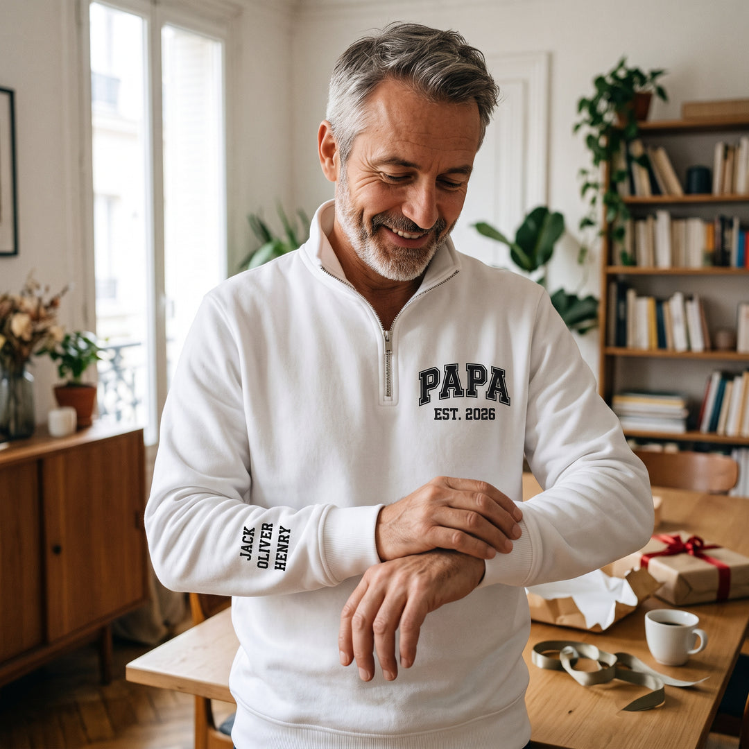 Sweat-shirt quarter-zip brodé MAMAN ou PAPA，Cadeau personnalisé pour la famille