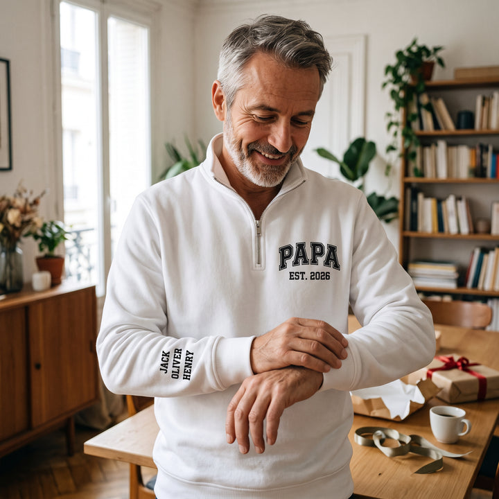 Sweat-shirt quarter-zip brodé MAMAN ou PAPA，Cadeau personnalisé pour la famille