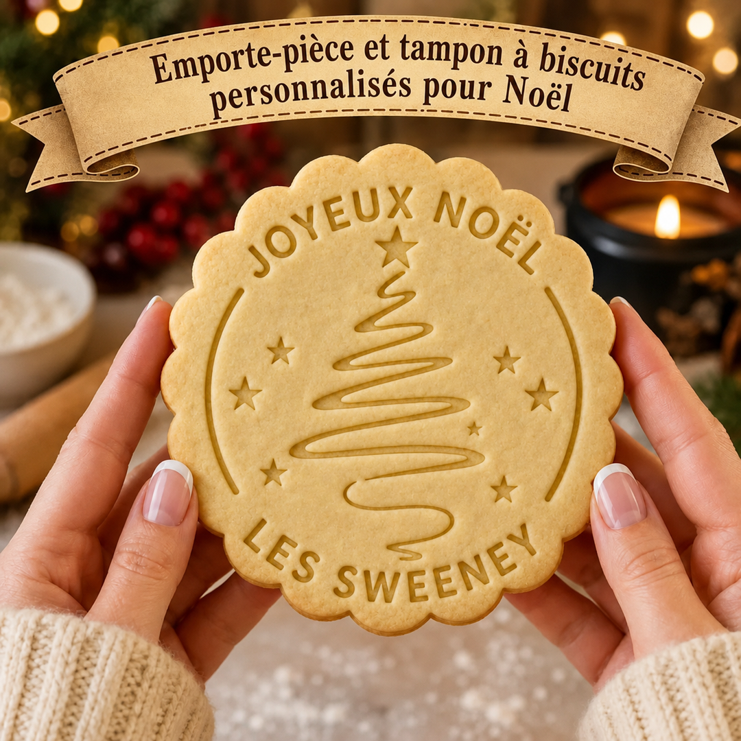 Emporte-pièce et tampon personnalisés pour biscuits de Noël, nom de famille personnalisé pour les fêtes