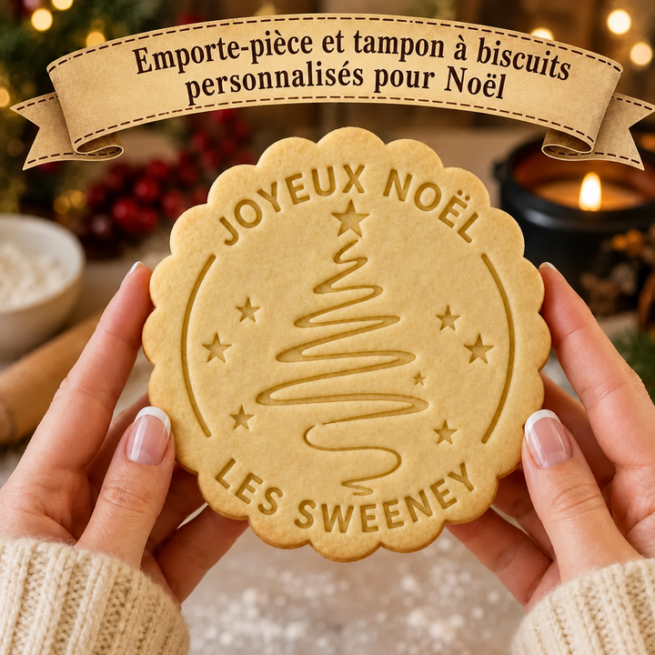 Emporte-pièce et tampon personnalisés pour biscuits de Noël, nom de famille personnalisé pour les fêtes