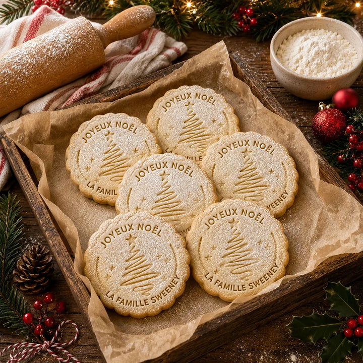 Emporte-pièce et tampon personnalisés pour biscuits de Noël, nom de famille personnalisé pour les fêtes