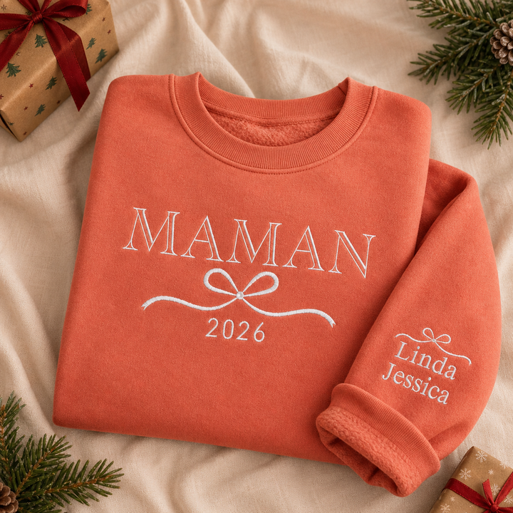 Sweat-shirt brodé personnalisé avec les prénoms des enfants sur la manche – Cadeau pour maman ou mamie
