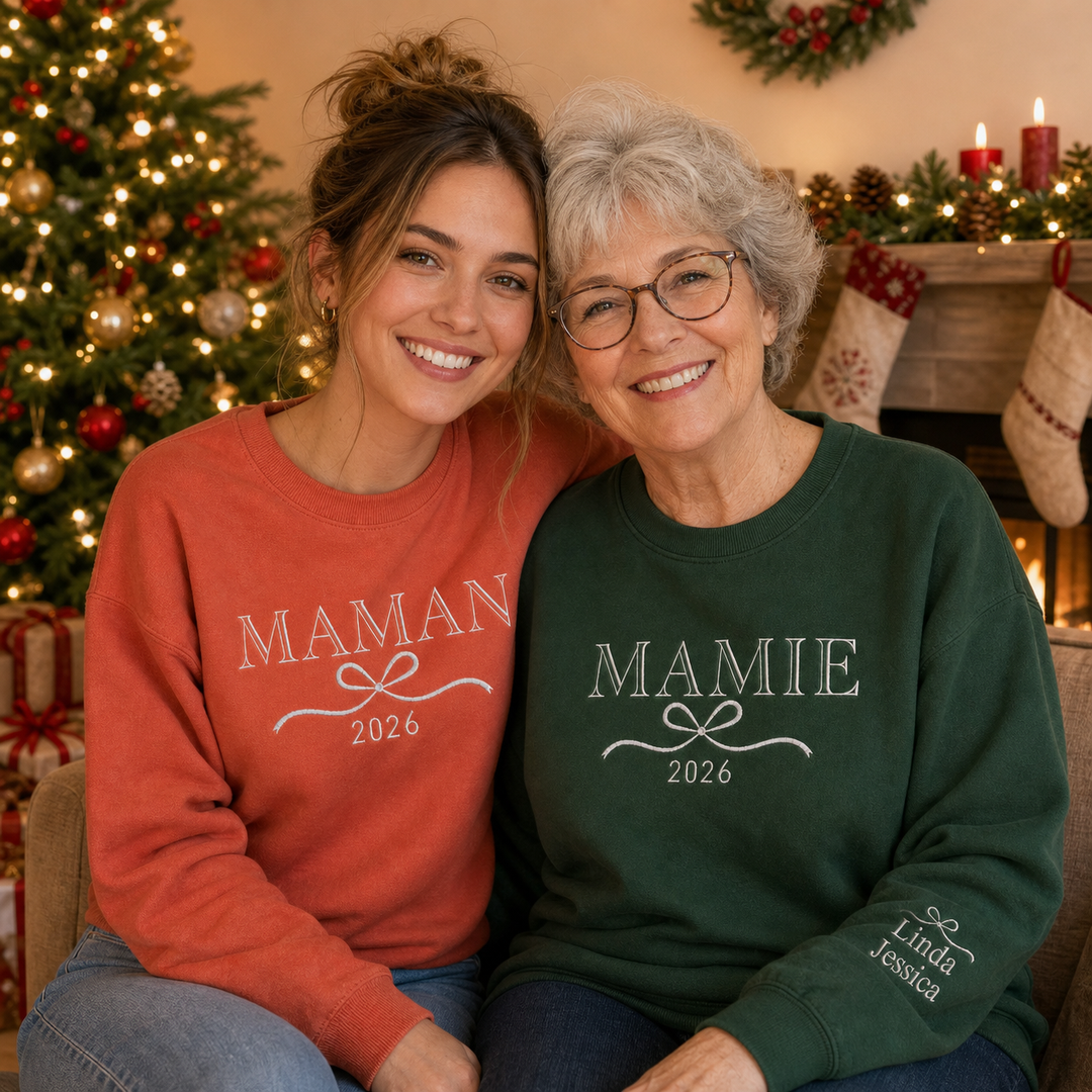Sweat-shirt brodé personnalisé avec les prénoms des enfants sur la manche – Cadeau pour maman ou mamie